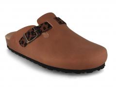 Thies Women leather Clogs with motif 'Eco 'Bio', cinnemon leo