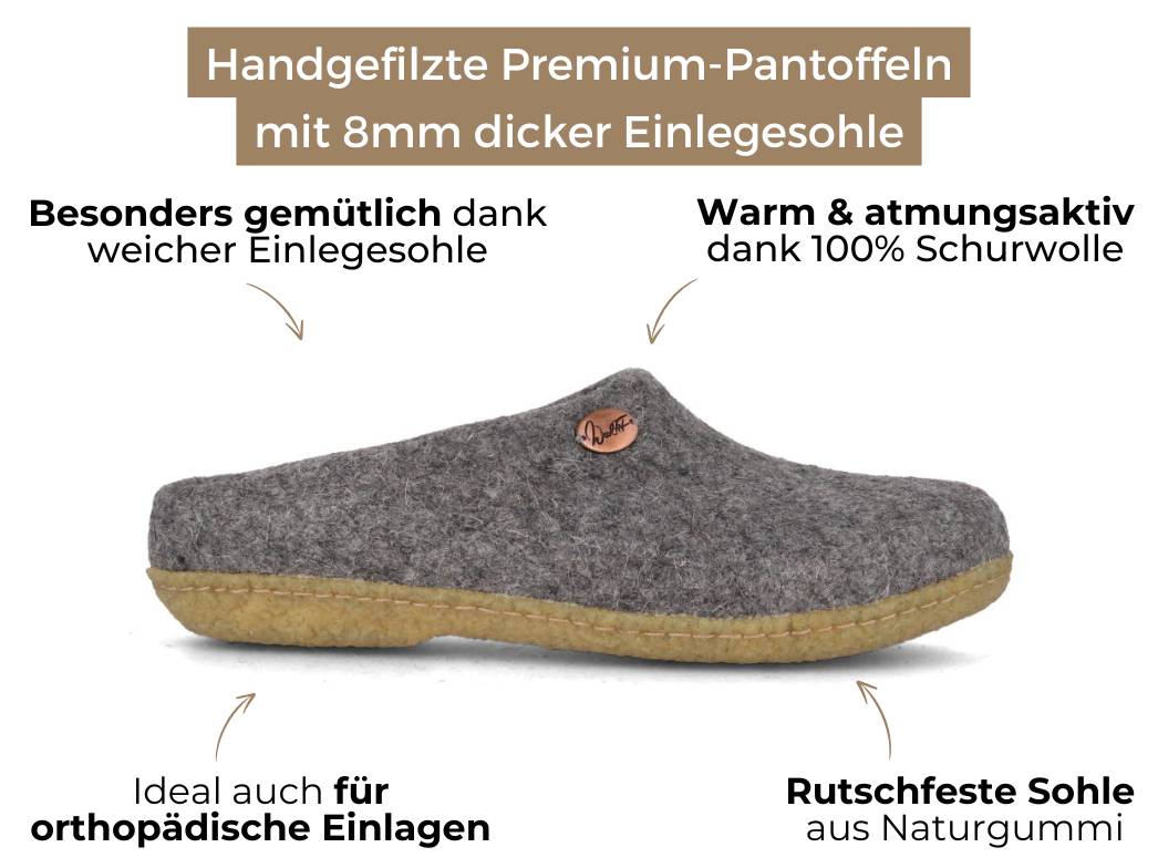 WoolFit® handfelted slippers 'Classic' with rubber sole