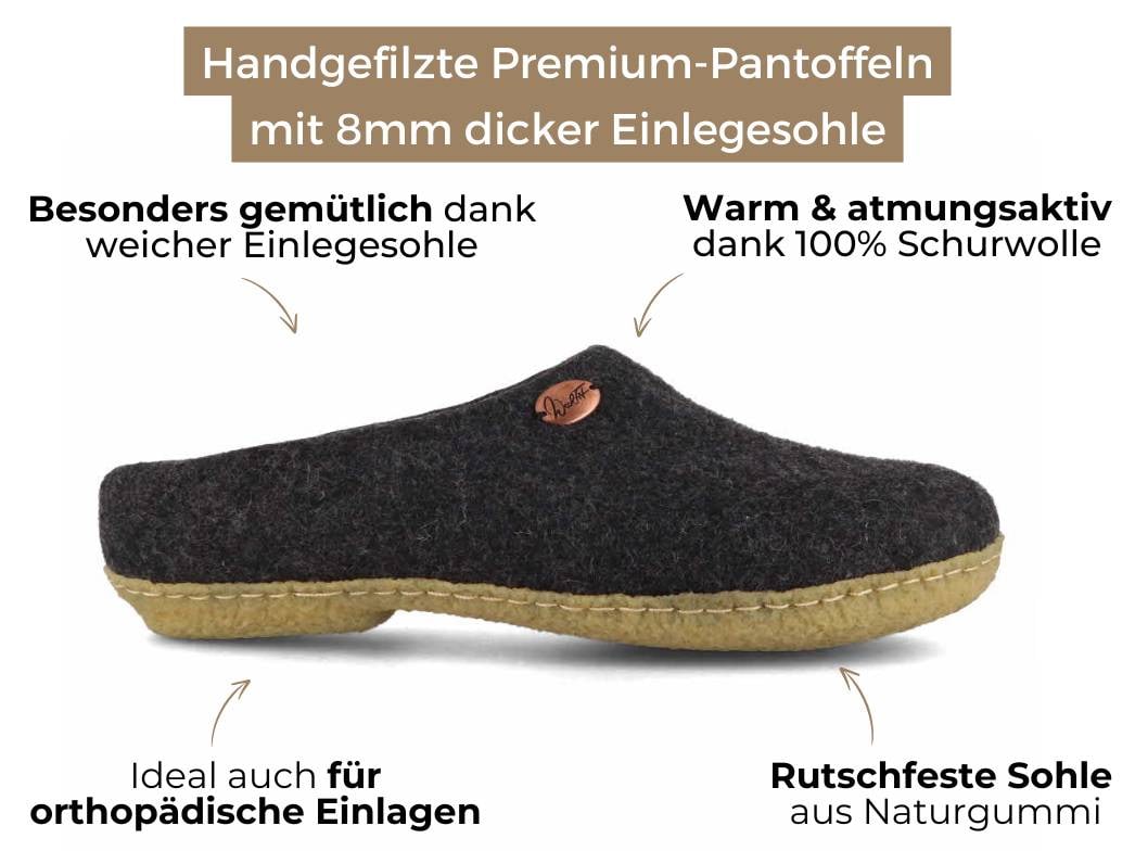 WoolFit® handfelted slippers 'Classic' with rubber sole